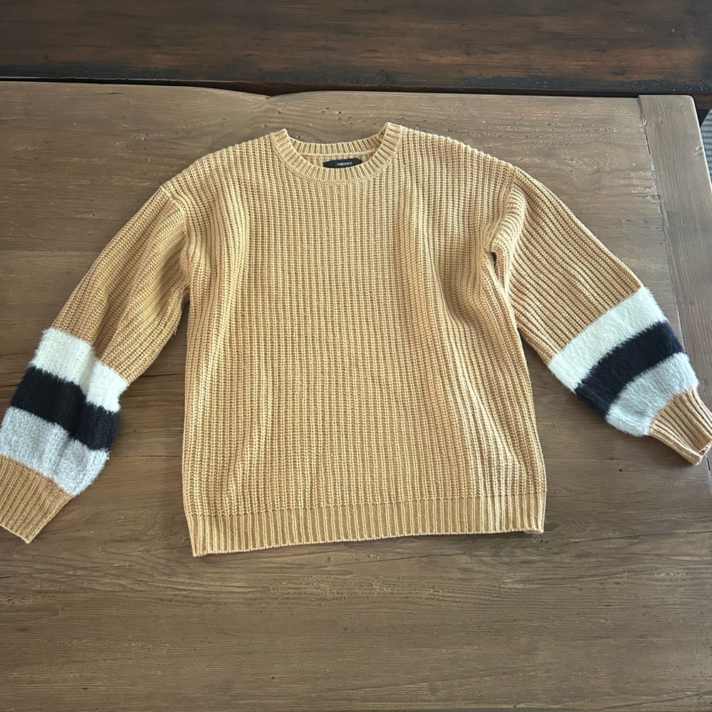 Tan Knit Sweater with Striped Sleeves